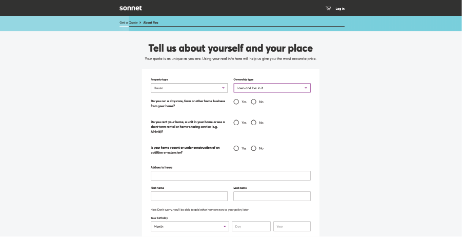 Page on Sonnet's website with form fields and