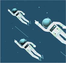 cartoon spacemen flying over a starfield